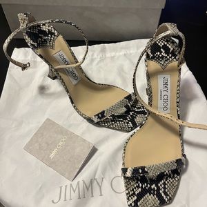 Jimmy Choo Black & Taupe Snake Marin 90 Heeled Sandals Size 37
